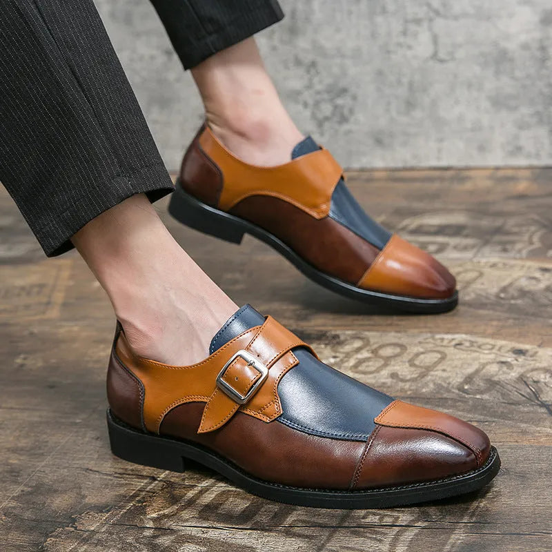 Men's British style casual leather shoes with retro buckle in black and brown blue options