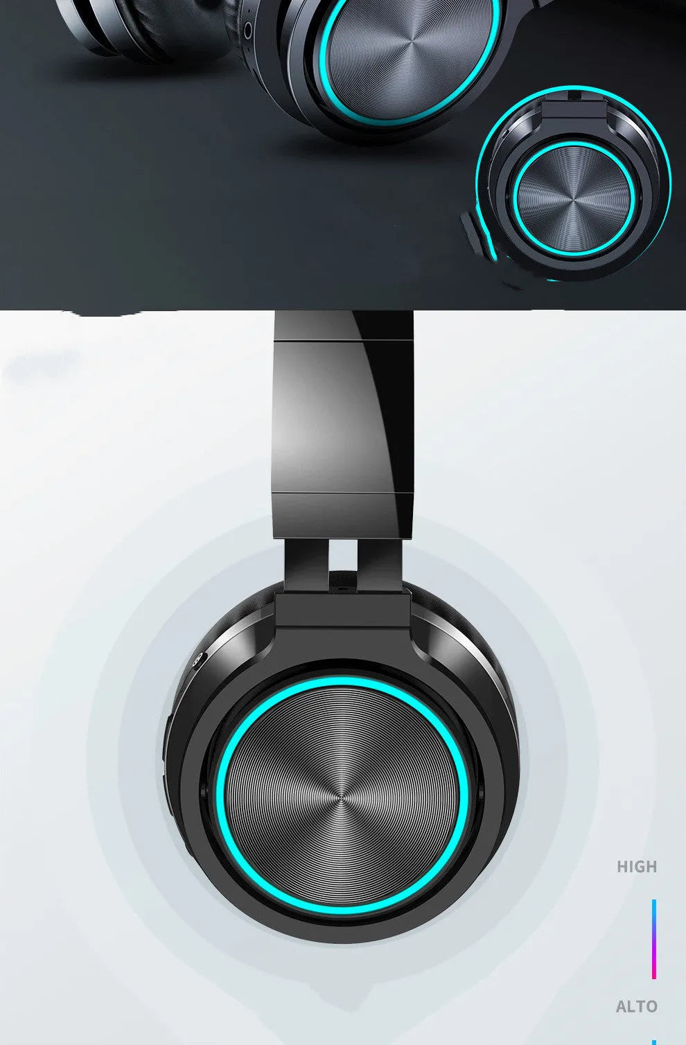 B12 wireless folding headset shown in black colour, demonstrating its folded compact state and head-mounted design.