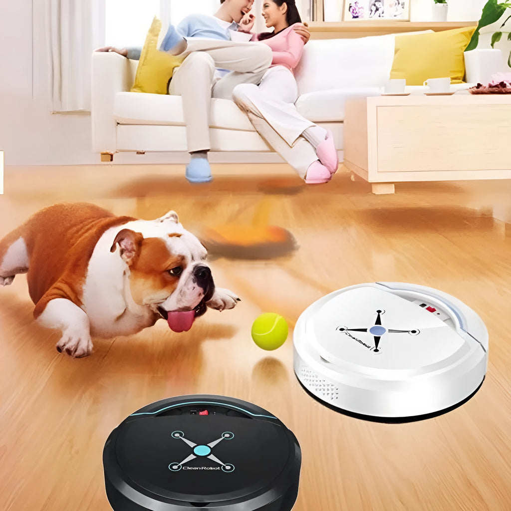 Smart robot vacuum cleaner in black on a hard floor, 22.8 x 22.8 x 7 cm, with ABS body and USB charging cable