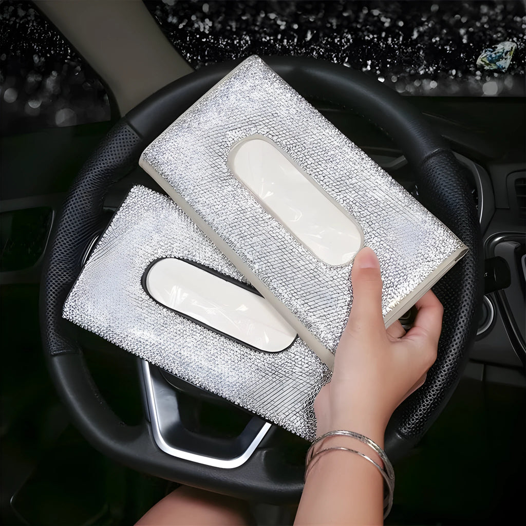 Crystal PU leather hanging sun visor car tissue box with rhinestones in black