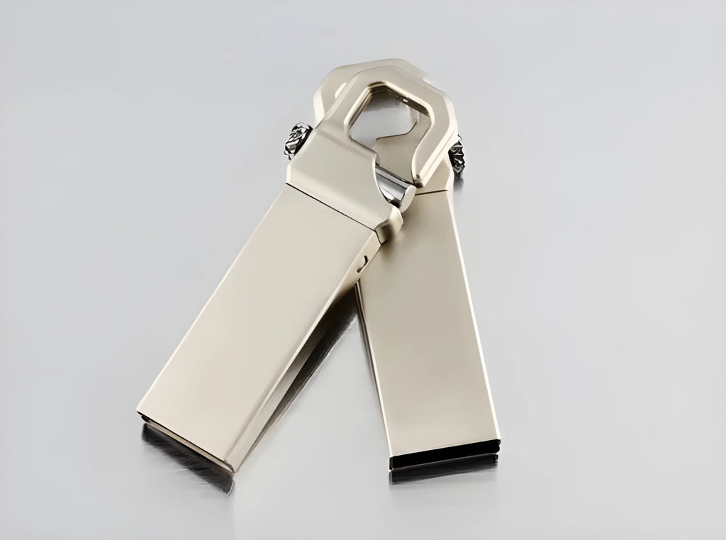 Metal USB flash drive with custom corporate logo, 48.6mm length, on a white background