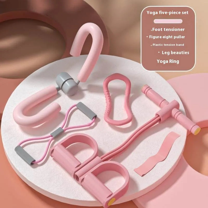 Yoga four piece set showing leg beauty device, yoga ring, pedal puller, and figure eight tension rope for home workouts.