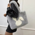 New Cute Rabbit Head One-shoulder Portable Plush Bag in white with contrast stitching and double shoulder straps
