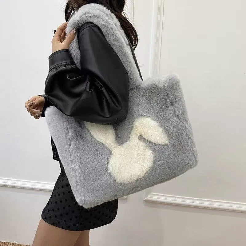 New Cute Rabbit Head One-shoulder Portable Plush Bag in white with contrast stitching and double shoulder straps