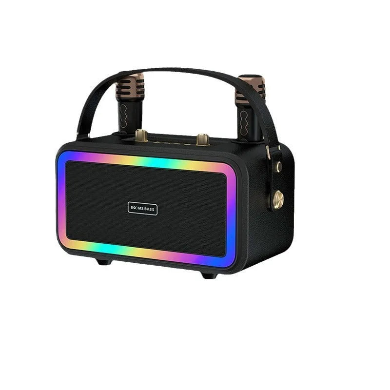 M3201 portable Bluetooth speaker in black, dark brown, or orange red with two microphones.