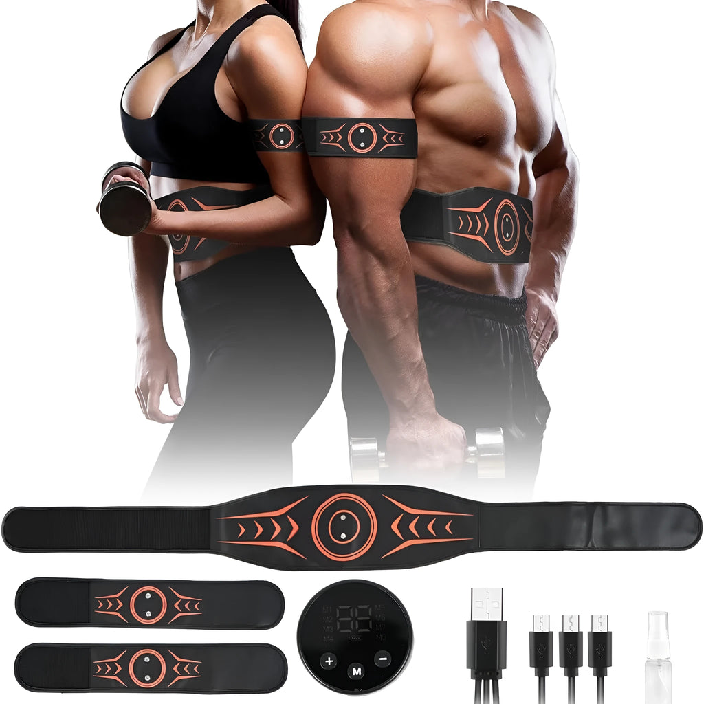 Rechargeable EMS abdominal muscle stimulator belt with adjustable strap on a grey background.