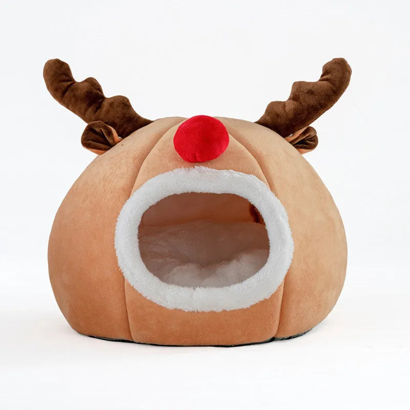 Camel colour reindeer pet tent kennel with soft plush exterior and fleece lining, small size