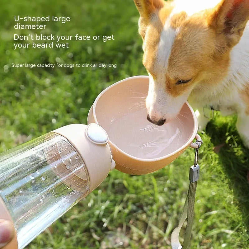 Portable dog water bottle and feeder bowl in brown, pink, or yellow for outdoor travel.