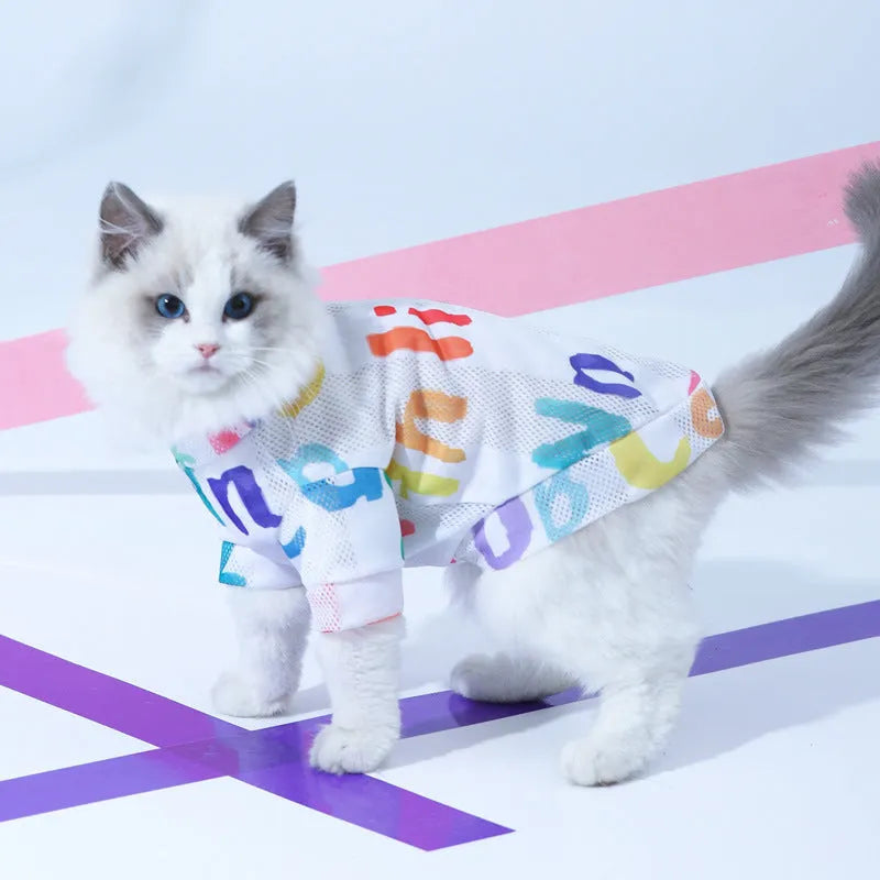Blue breathable mesh polyester cat vest for small to large cats with anti-hair loss design