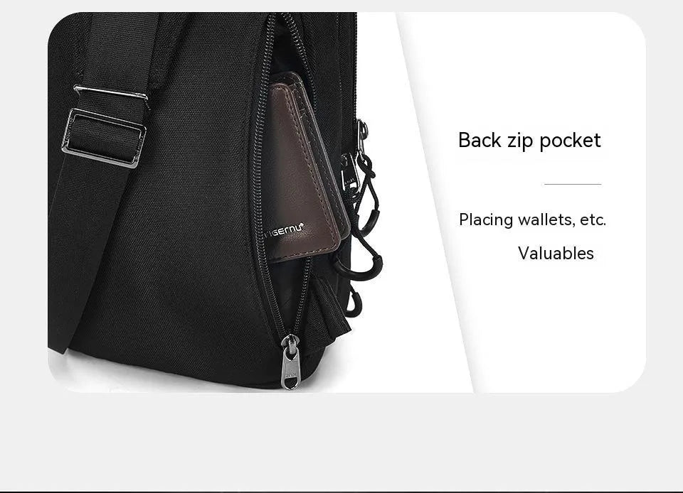 Casual black camouflage chest bag with adjustable strap, shown open to reveal internal phone pocket.