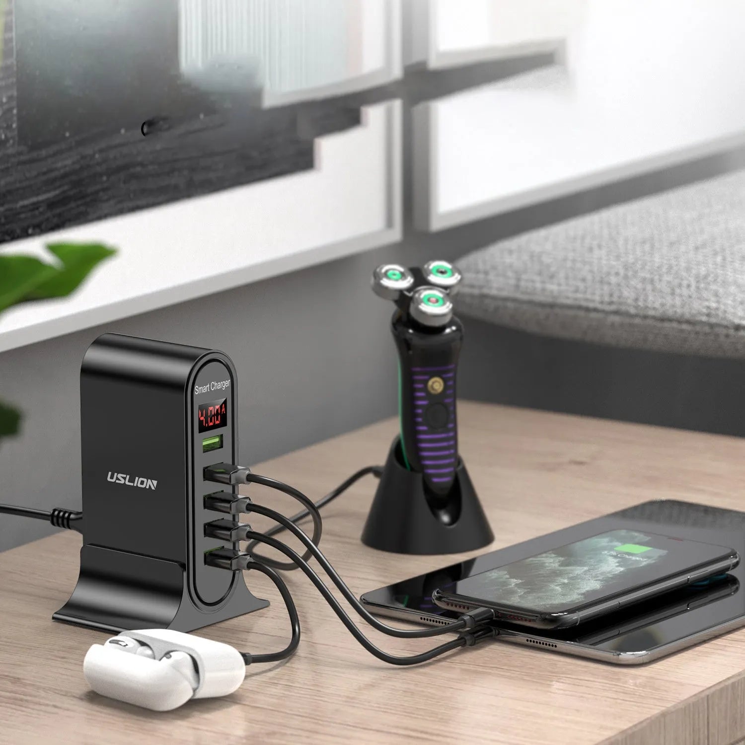 Black and white smart LED digital display USB wall charger with UK, US, and EU plug options.