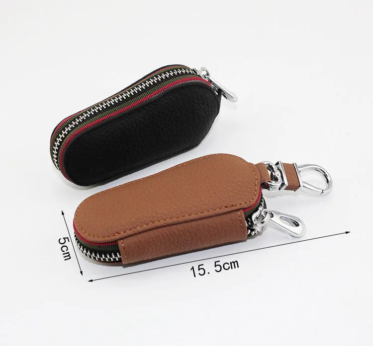 Brown leather universal car key case for storing a car key or remote fob