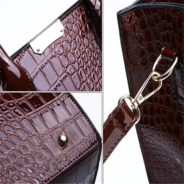 Women's solid colour diagonal cross body stone tote bag in black, 25x29x10cm, PU fabric with crocodile pattern