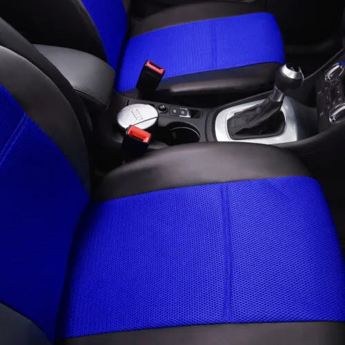 Artificial leather car seat covers in various colours shown on vehicle seats