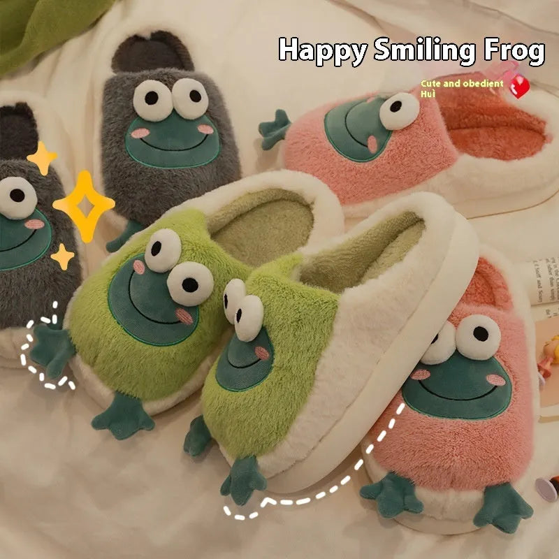 Green winter cotton slippers with coral fleece lining and cartoon frog pattern on a flat sole