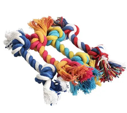 Bone-shaped double knot cotton rope dog chew toy in three lengths with random colour selection