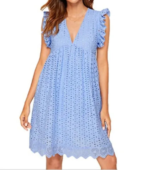 Sleeveless lace dress with pockets, V-neck, jacquard cutout pattern, A-line midi length, available in multiple colours