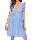 Sleeveless lace dress with pockets, V-neck, jacquard cutout pattern, A-line midi length, available in multiple colours