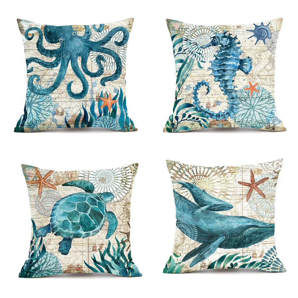 Linen cushion cover with detailed sea turtle print, measuring 45x45cm, on a sofa.