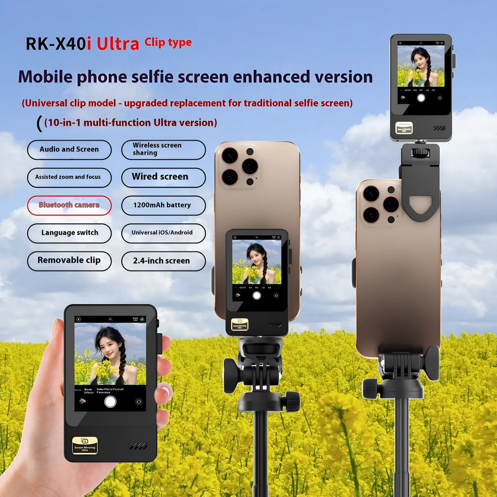 Wireless mobile screen sharing device with 2.4-inch IPS display, 1200mAh battery, and Bluetooth selfie function in black plastic