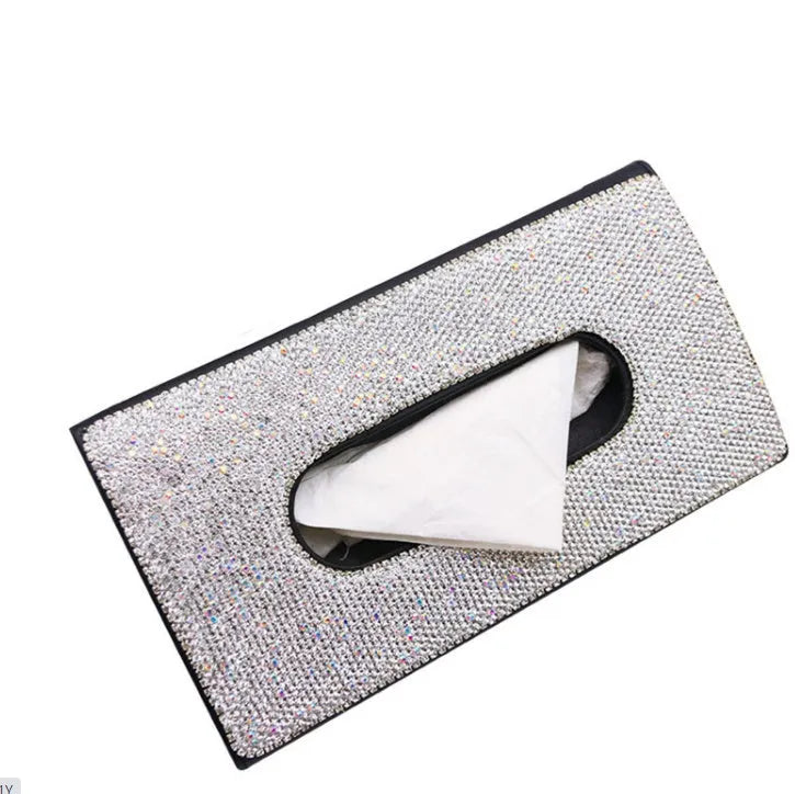 Crystal PU leather hanging sun visor car tissue box with rhinestones in black