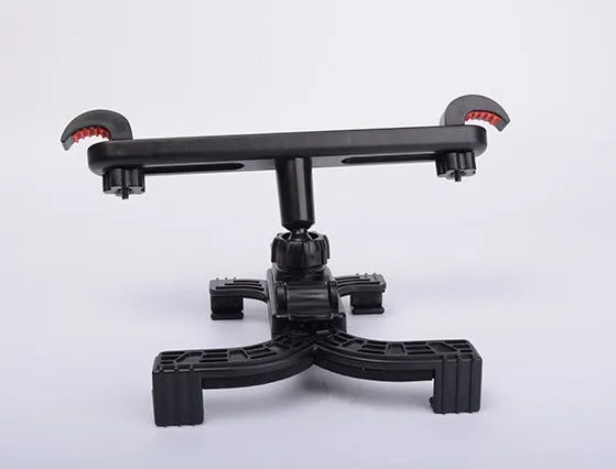 Black universal car headrest tablet holder with adjustable mount for rear seat passengers.