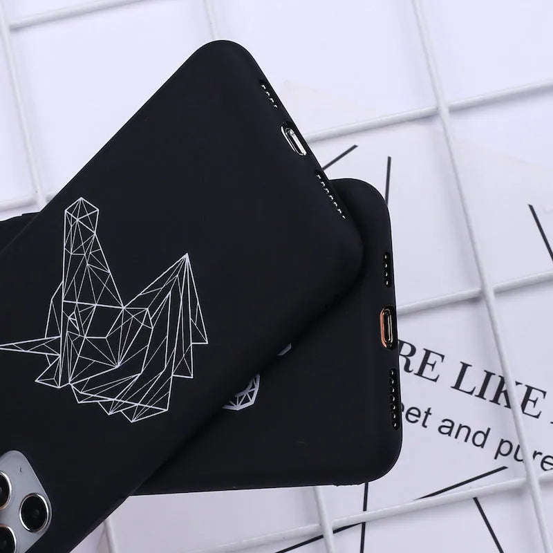 A TPU phone case with a painted line art drawing of a deer on a solid colour background.