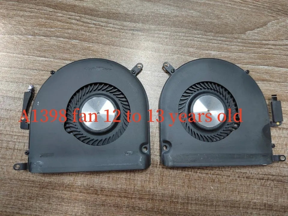Apple MacBook Pro A1398 internal cooling fan replacement part on a paper box.