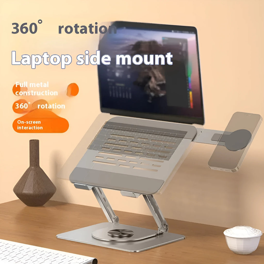 Silver carbon steel laptop stand with rotating base and attached magnetic phone holder