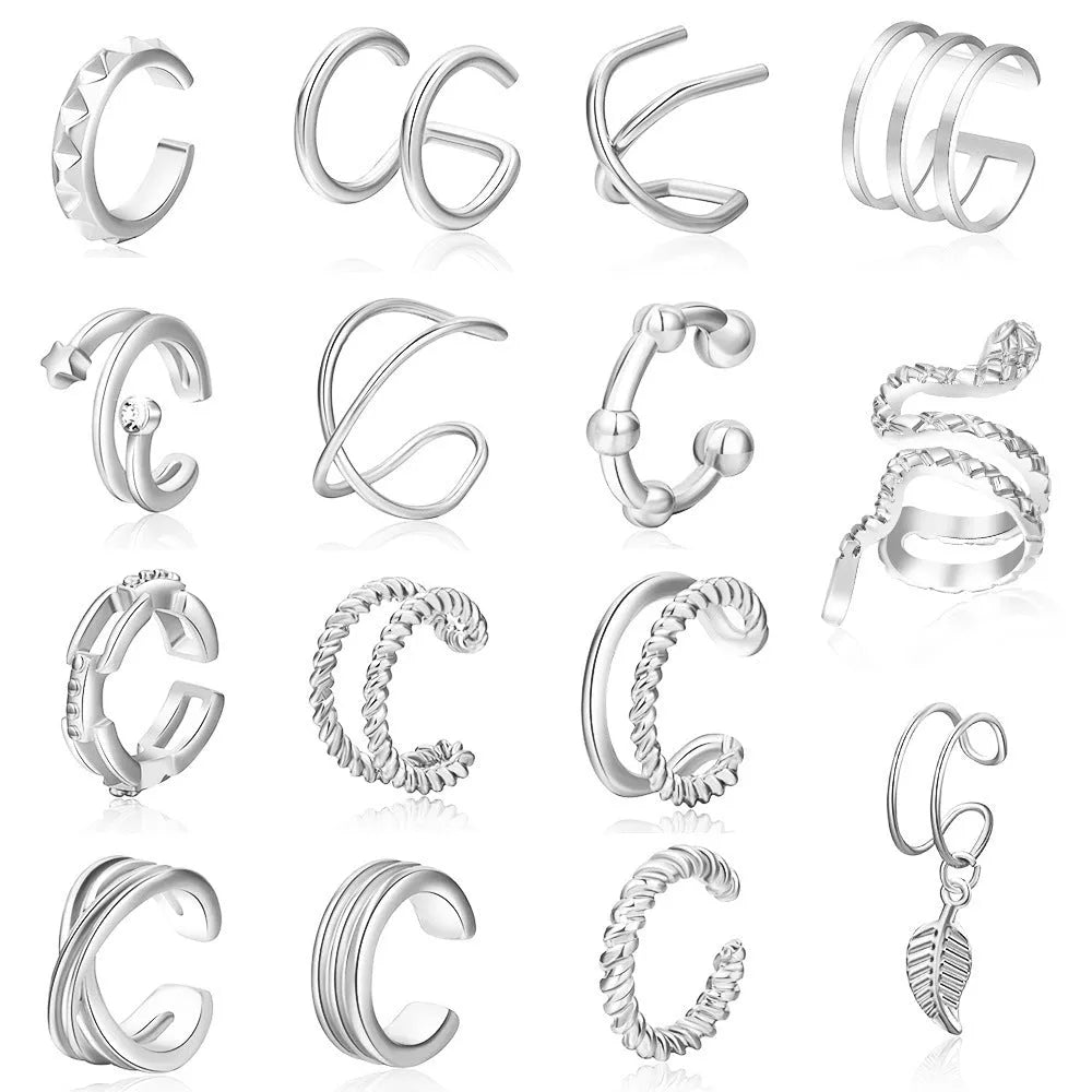 15-piece gold metal clip-on earring set with geometric round and ring shapes