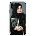 Islamic hijab veil design mobile phone case with rhinestone and floral decoration on a pink background.