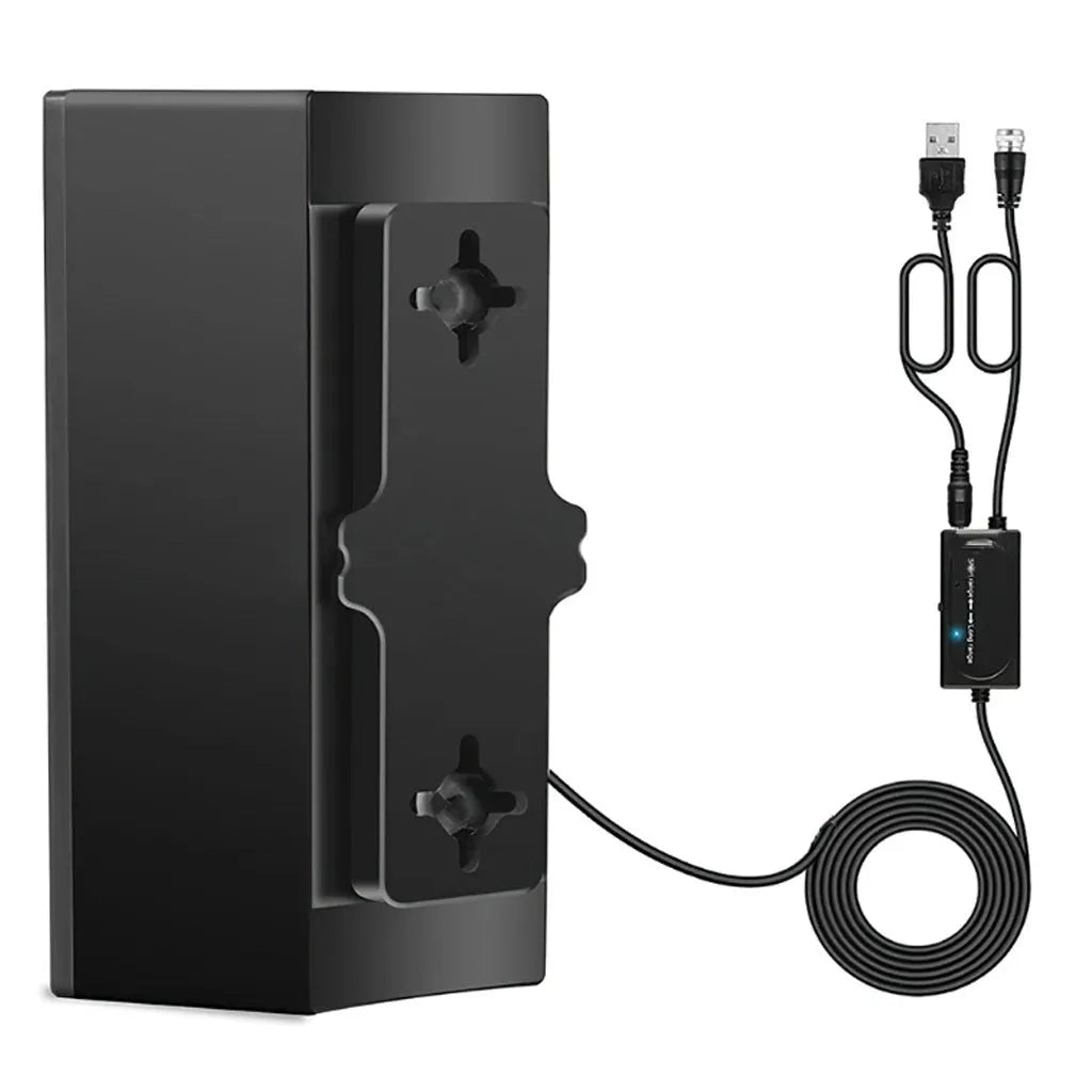 Black plastic indoor digital television antenna with included mounting screws, tubes, cable ties, and adhesive tape.