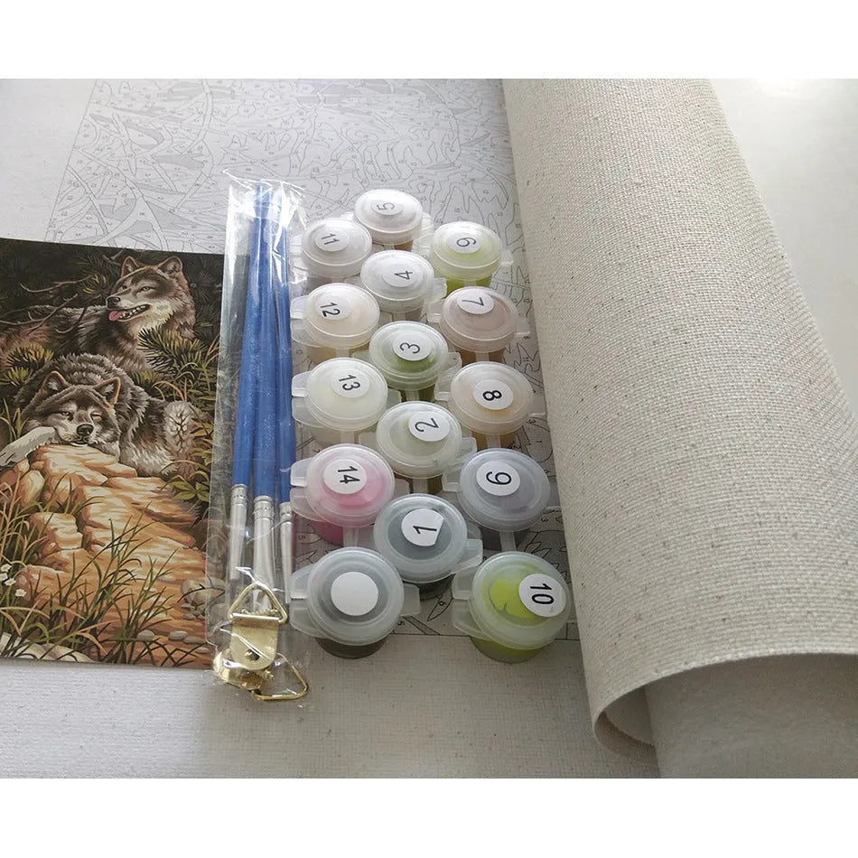 DIY Paint by Numbers kit showing 40x50cm linen canvas with landscape design, acrylic paints, and optional wooden stretcher frame.