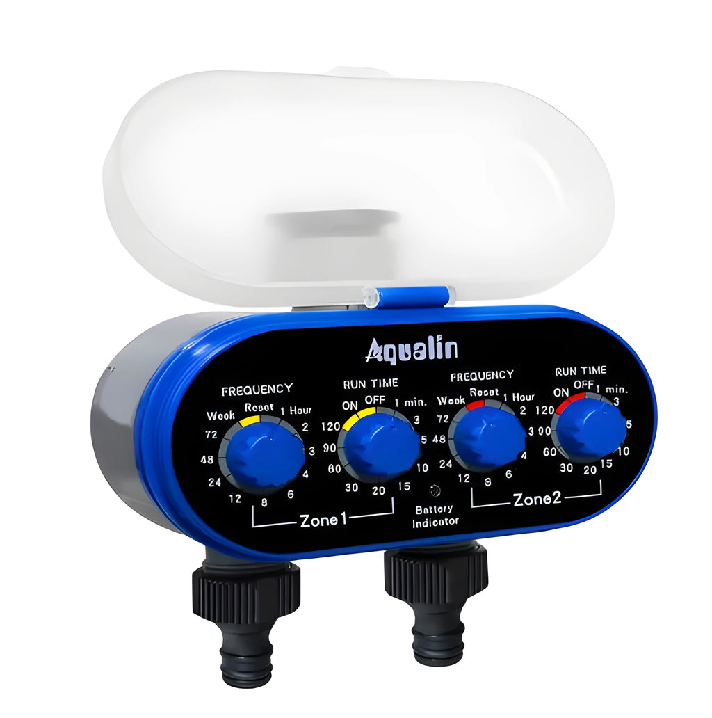 Dual timed irrigation controller for automatic garden watering with battery compartment and hose connections