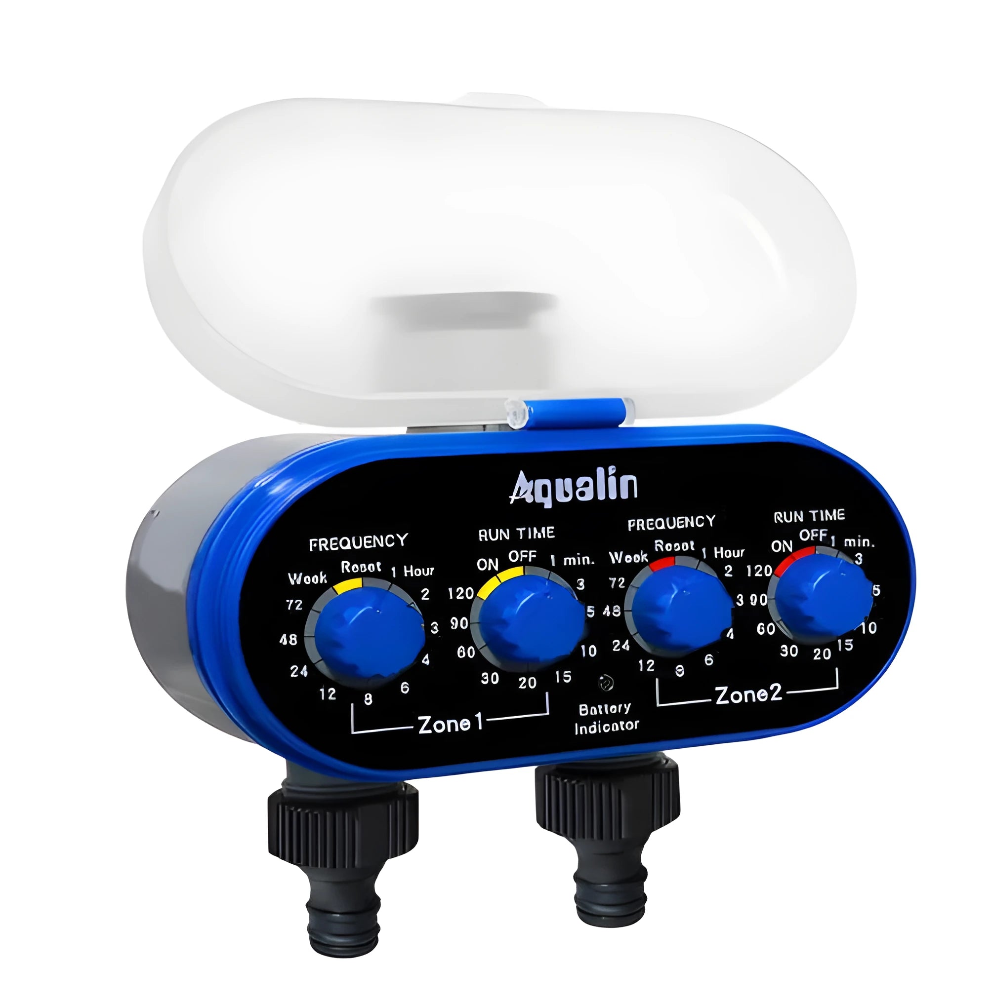Dual timed irrigation controller for automatic garden watering with battery compartment and hose connections