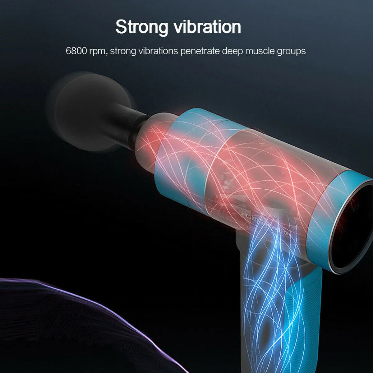 Grey electric percussion muscle massage gun with ergonomic handle, touch screen, and three massage heads on display