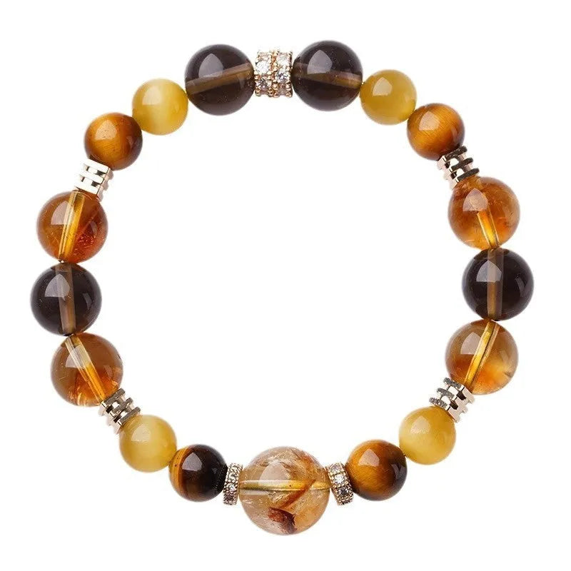 Crystal tiger-eye bracelet with yellow tower design showing 10mm geometric beads