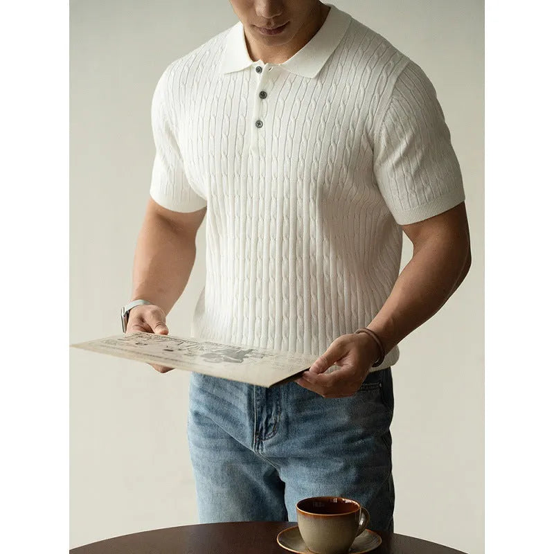 Men's short sleeve business top in khaki colour, shown on a hanger.