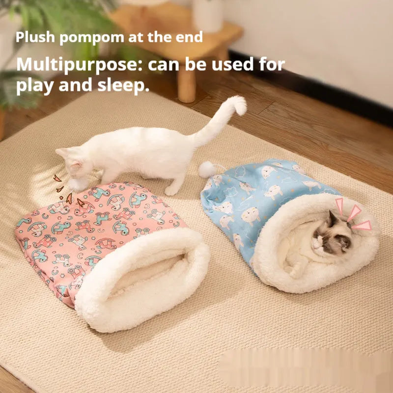 Pink flannel cat sleeping bag nest bed measuring 50cm by 40cm with soft padding.