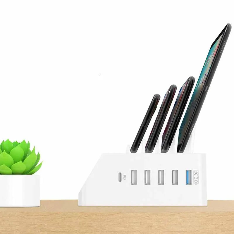 White smart display mobile phone charger bracket with PD multi-port and UK EU US adapters