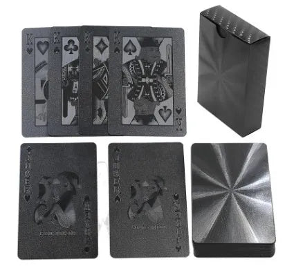 Black Diamond waterproof plastic poker cards with gold foil finish showing laser-etched diamond pattern on black background