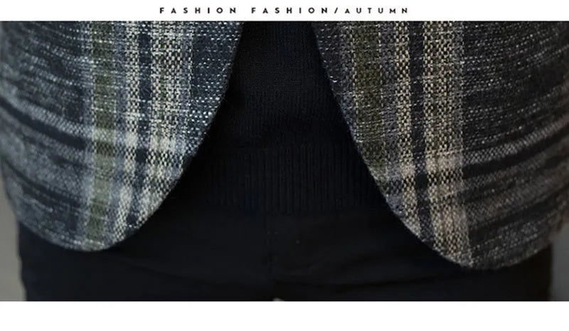 Men plaid slim fit polyester blazer in coffee colour with lapel collar and two-button front