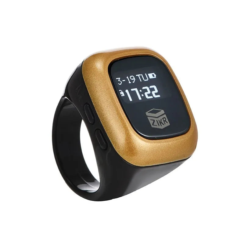 Al-Fatiha Zikr digital wrist counter on strap, showing display screen, available in multiple colours and sizes.