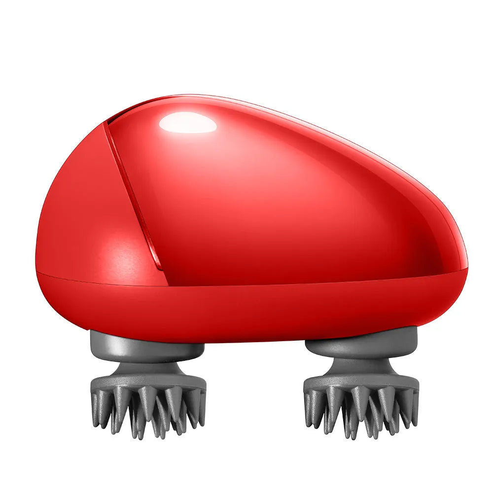 Red handheld scalp massager with silicone nodes measuring 110x120x82mm