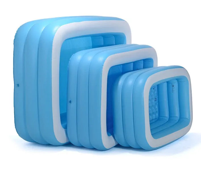 Rectangular inflatable kiddie pool, blue and white PVC, 150cm x 110cm x 50cm, with green base for outdoor summer play