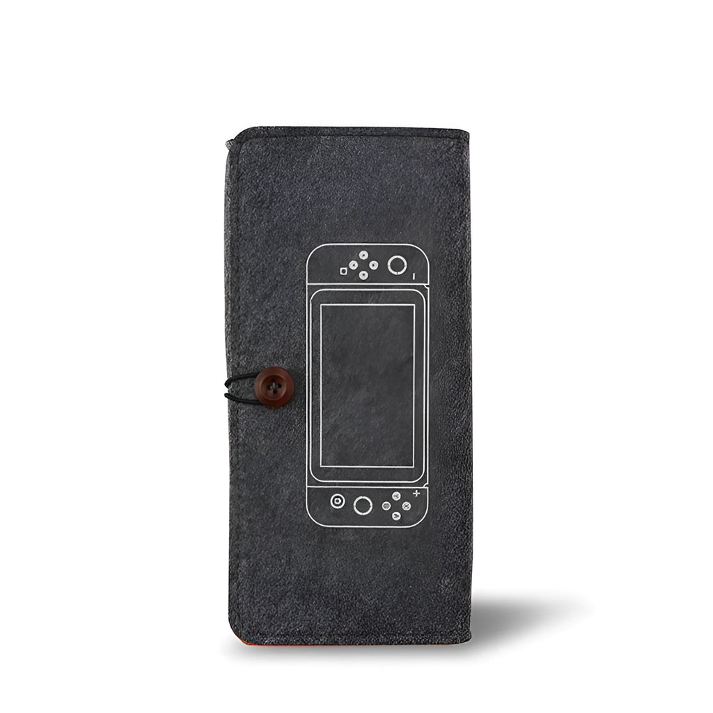 Black felt pouch case for Nintendo Switch console, showing game card slots and double layer storage design.