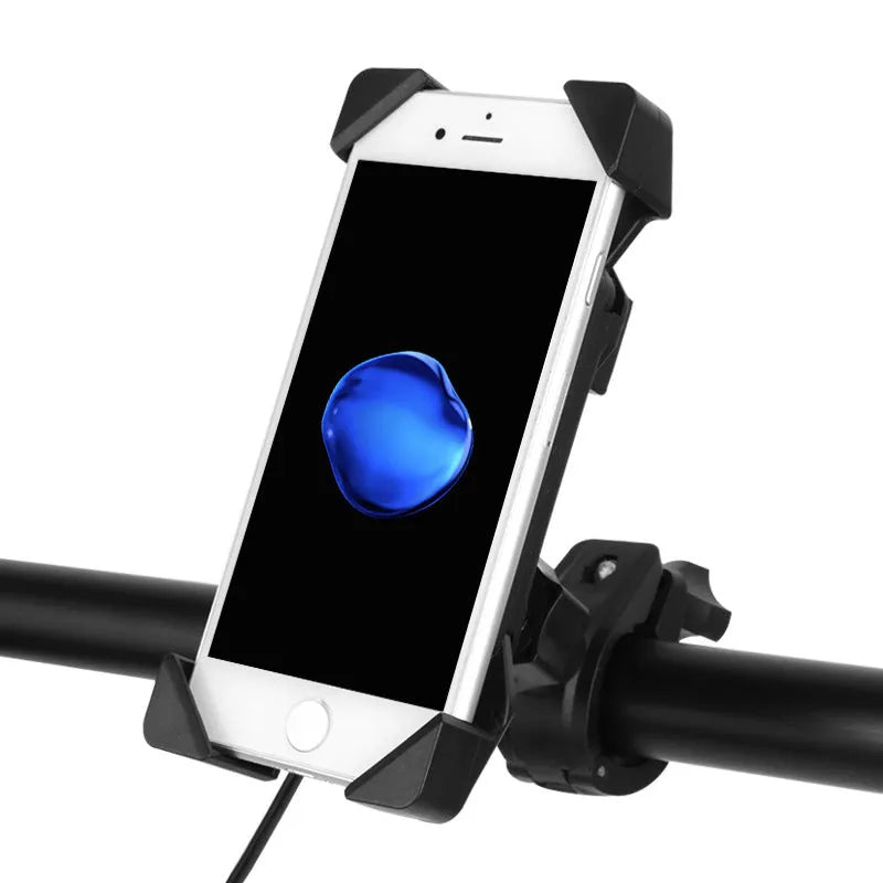 Black ABS motorcycle phone holder with charging port mounted on handlebar with adjustable phone cradle