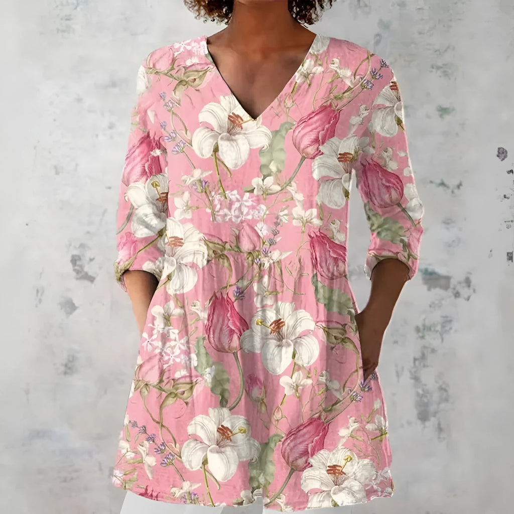 Women's slim fit retro patterned long-sleeved top in a polyester fabric, shown in one of twelve available colourways.