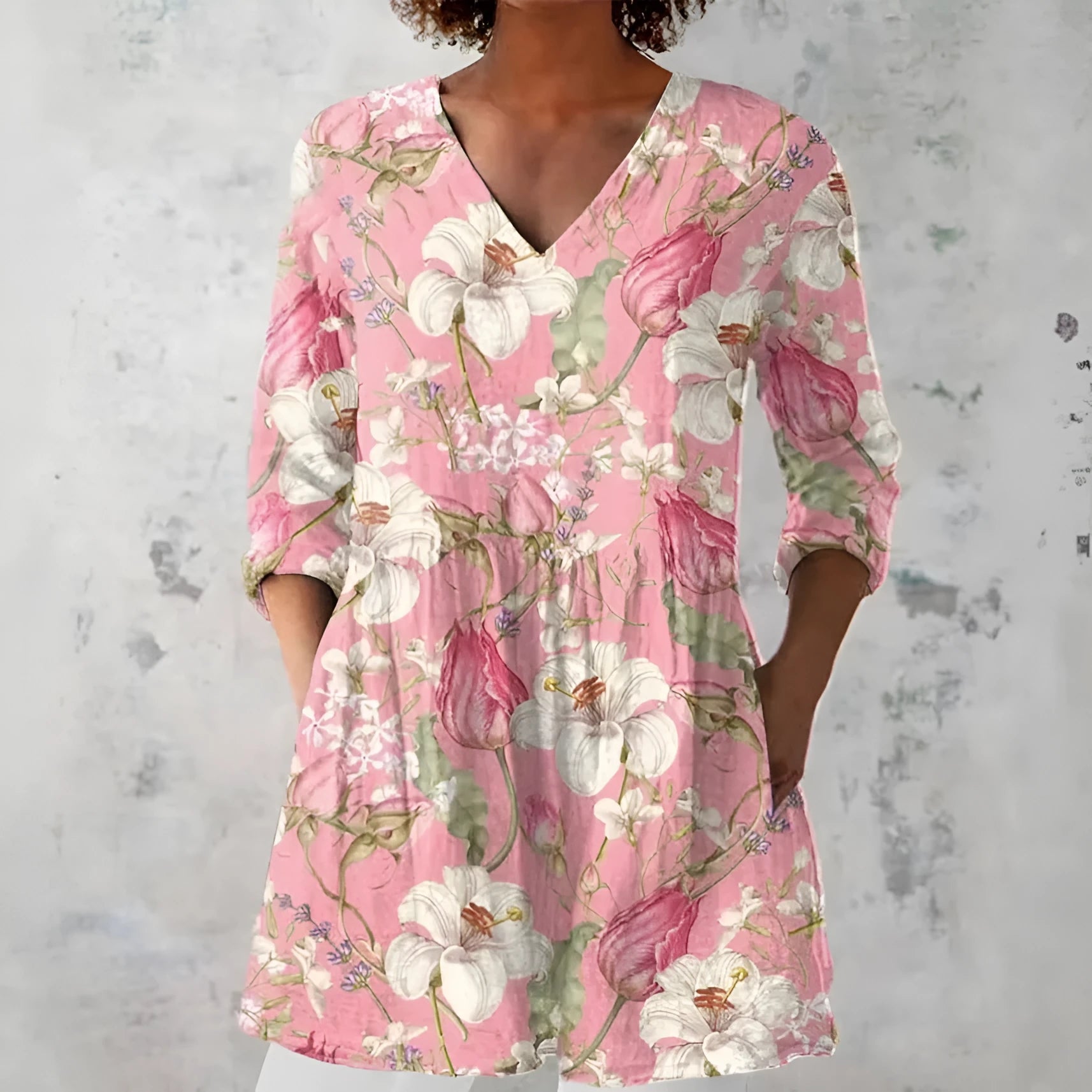 Women's slim fit retro patterned long-sleeved top in a polyester fabric, shown in one of twelve available colourways.