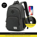 Grey USB charging backpack with dimensions 32cm length 15cm width 46cm height